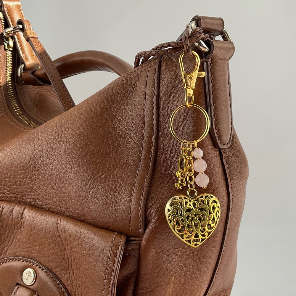 Gold Filigree Heart Purse Charm, Key Chain, Rose Quartz & Miniature Keys Charm - Picture 3 of 7